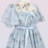 短い袖および花およびリボンの印刷物が付いている軽い青いシフォンの服