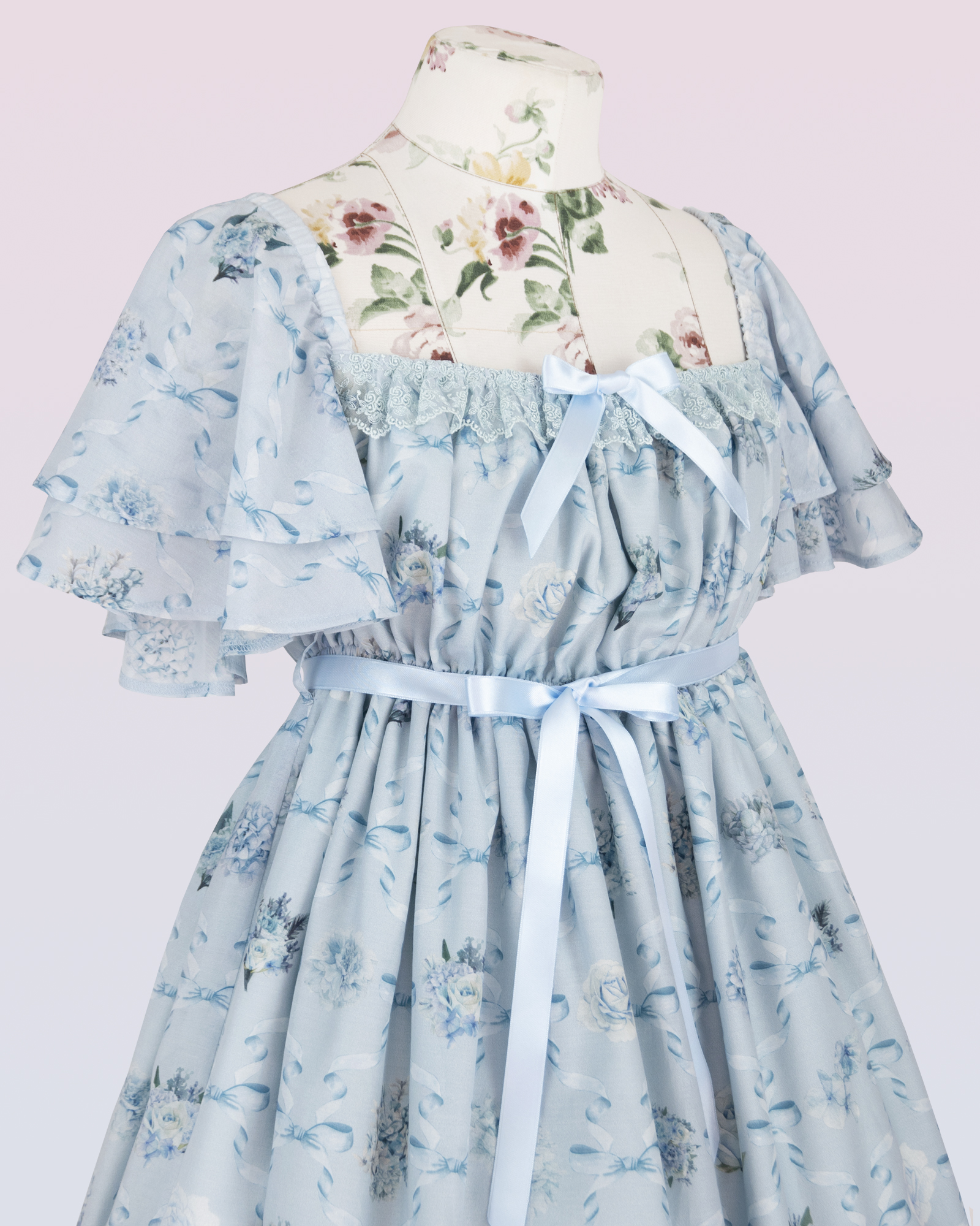 短い袖および花およびリボンの印刷物が付いている軽い青いシフォンの服