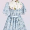 短い袖および花およびリボンの印刷物が付いている軽い青いシフォンの服