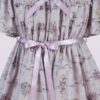 ショートスリーブとフローラルとリボンプリントのライラックシフォンドレス