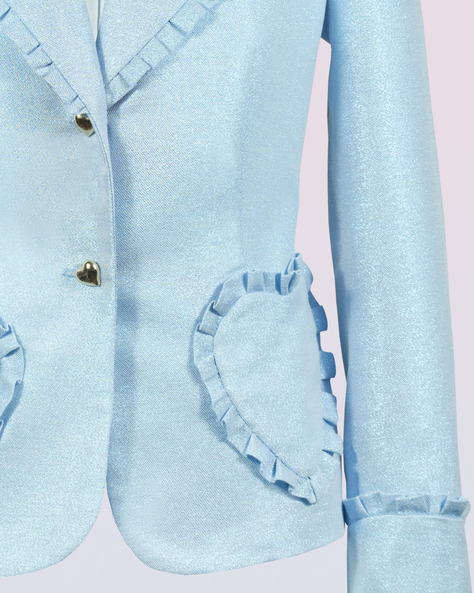 The fitted two-button jacket is made of iridescent linen/cotton blended fabric with metallic yarn