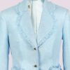 The fitted two-button jacket is made of iridescent linen/cotton blended fabric with metallic yarn