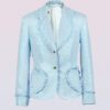 The fitted two-button jacket is made of iridescent linen/cotton blended fabric with metallic yarn