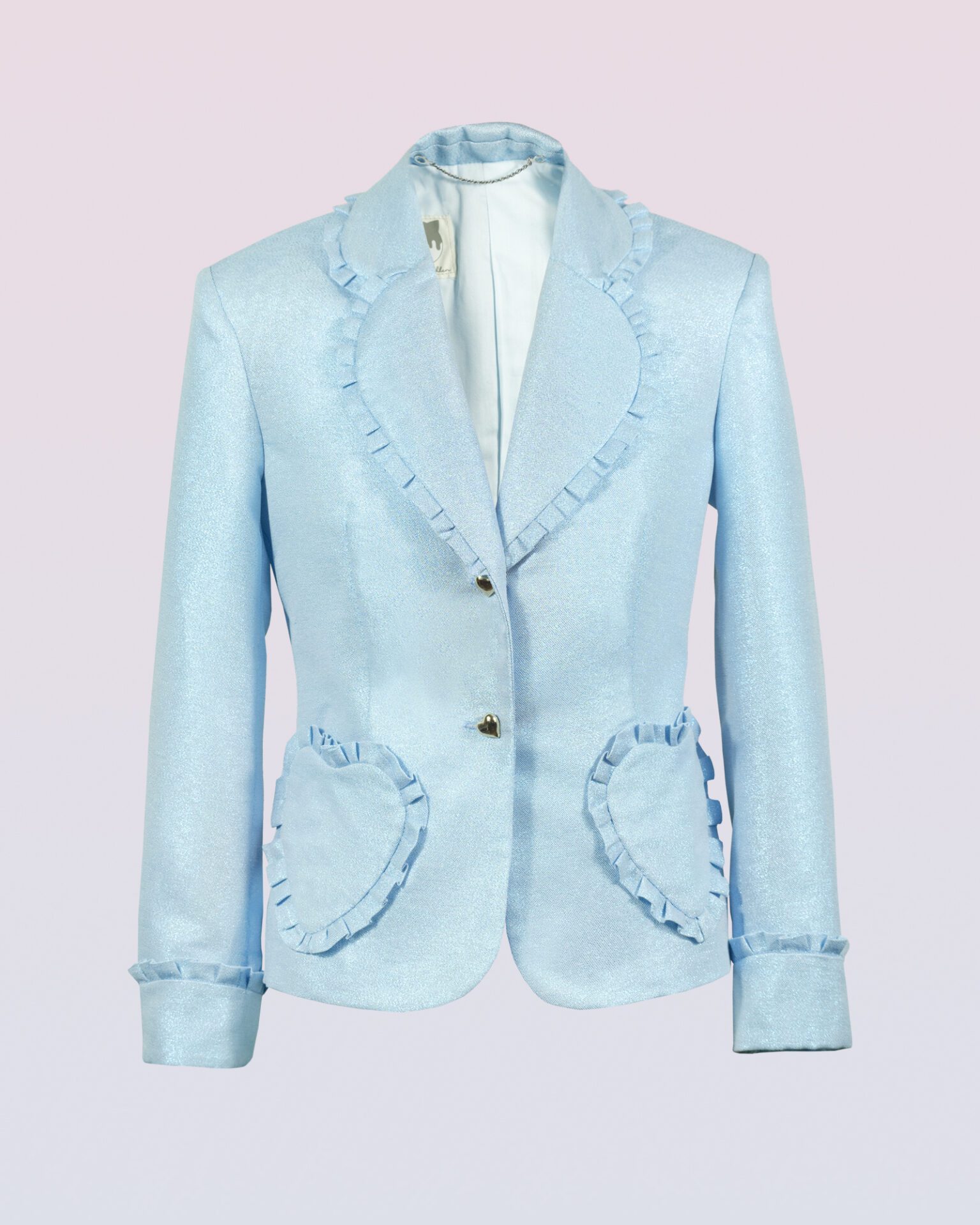 The fitted two-button jacket is made of iridescent linen/cotton blended fabric with metallic yarn