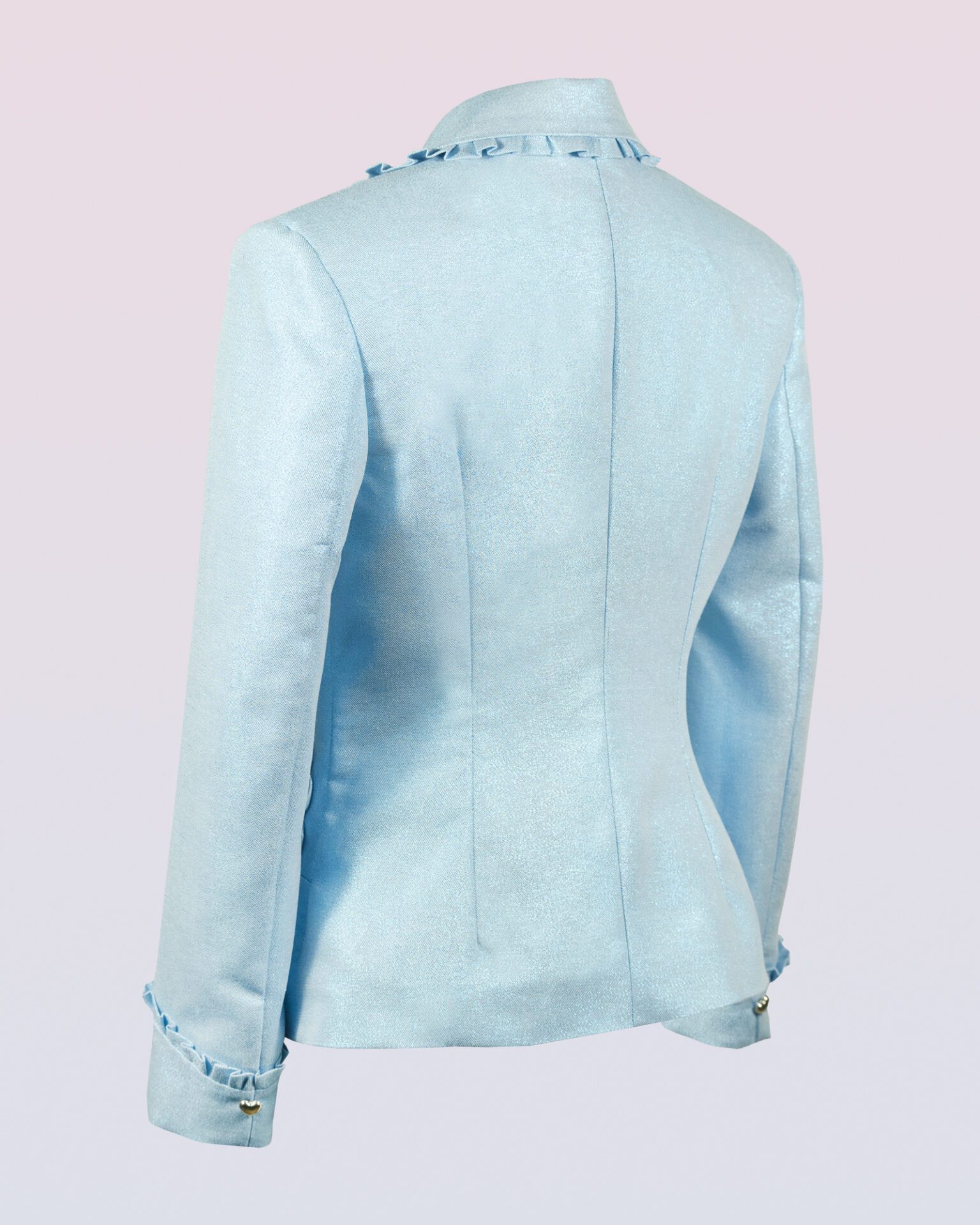 The fitted two-button jacket is made of iridescent linen/cotton blended fabric with metallic yarn