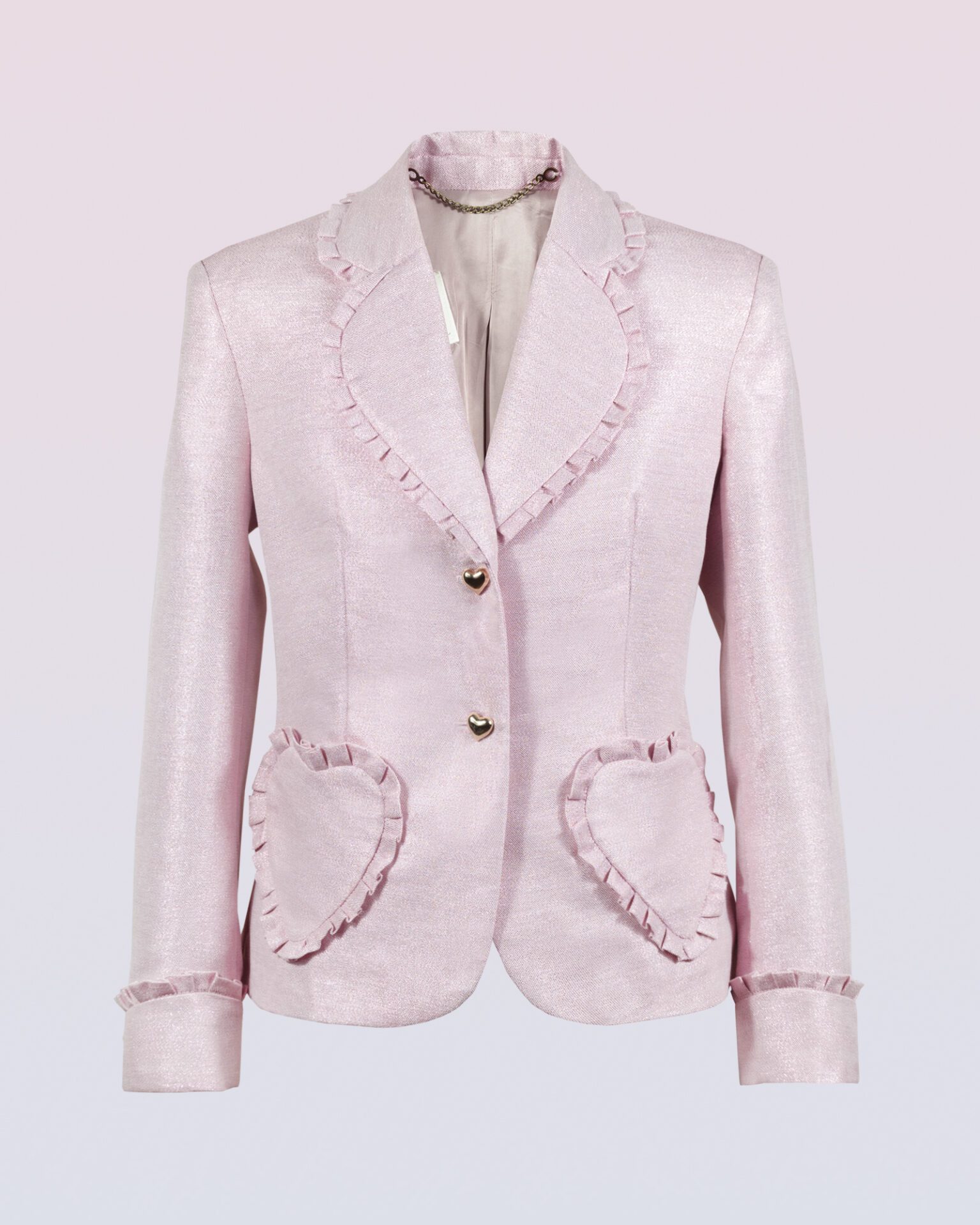 The fitted two-button jacket is made of iridescent linen/cotton blended fabric with metallic yarn