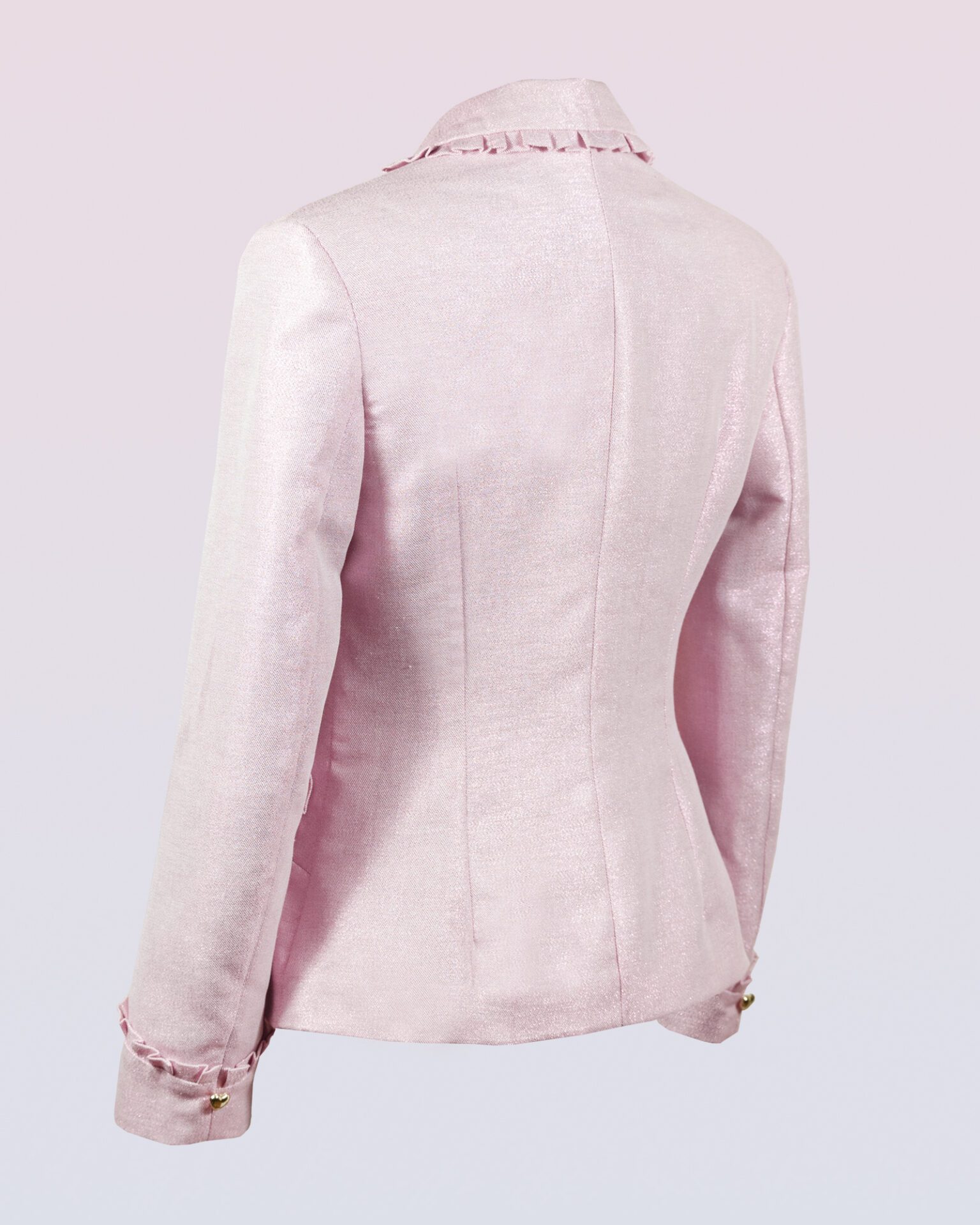 The fitted two-button jacket is made of iridescent linen/cotton blended fabric with metallic yarn