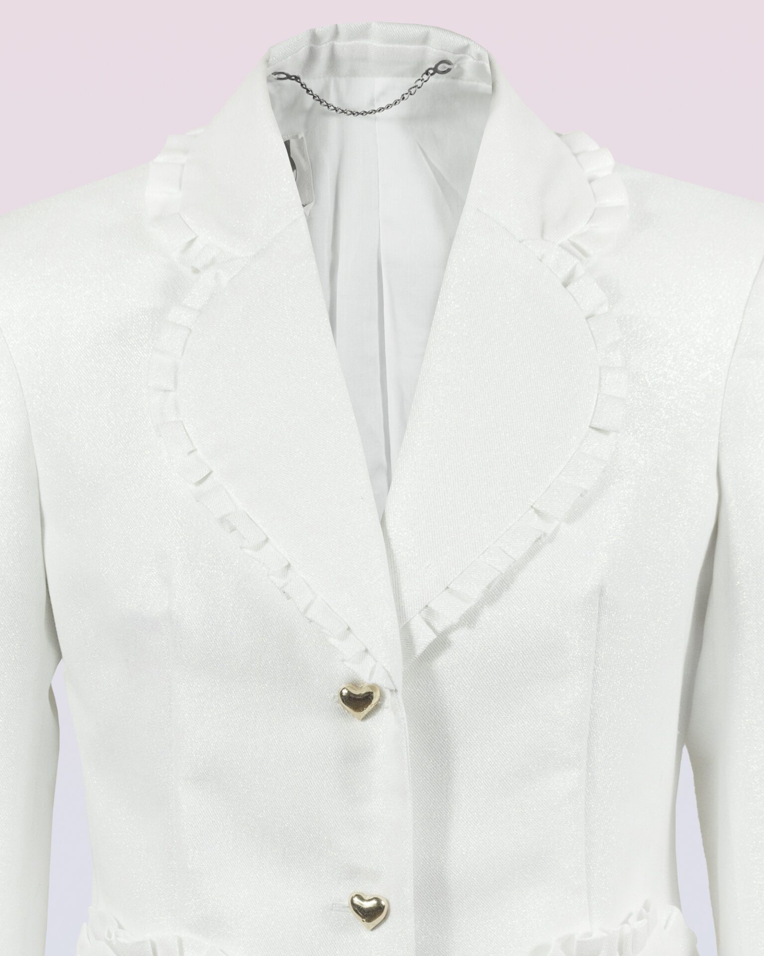 The fitted two-button jacket is made of iridescent linen/cotton blended fabric with metallic yarn