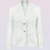 The fitted two-button jacket is made of iridescent linen/cotton blended fabric with metallic yarn