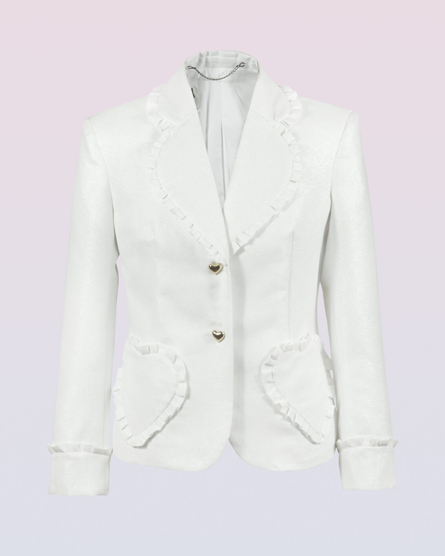 The fitted two-button jacket is made of iridescent linen/cotton blended fabric with metallic yarn