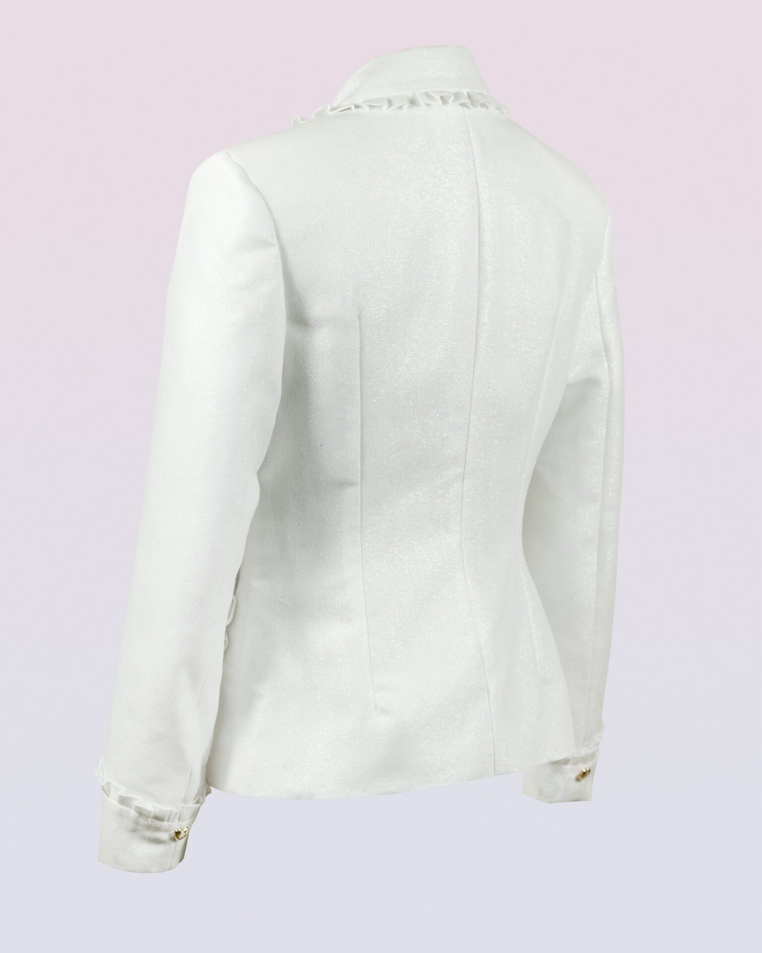The fitted two-button jacket is made of iridescent linen/cotton blended fabric with metallic yarn